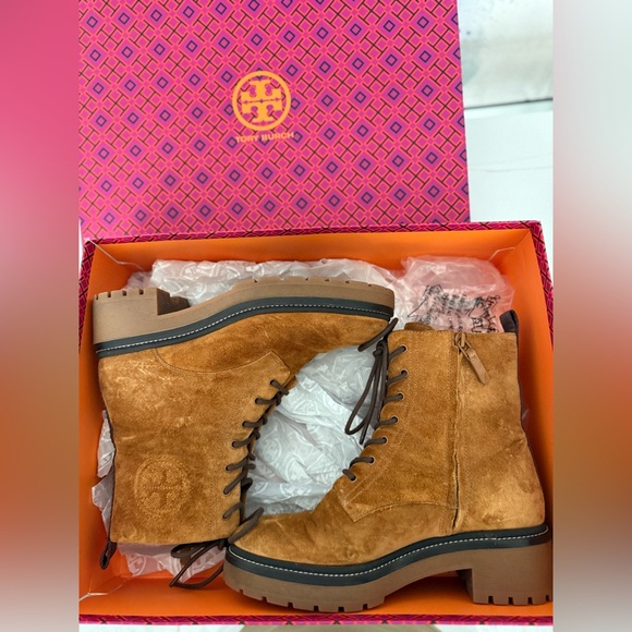 Tory Burch Miller 50MM Lug Sole Bootie Nat Suede/ Rhum-Port Women's Size 8.5 - Picture 11 of 12